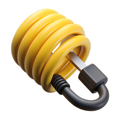 Poster - A 3d render of a yellow coiled cable with a black connector and silver interior element, isolated on black
