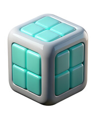 Leinwandbilder - A captivating 3d rendered cube icon featuring a modern and minimal design composed of turquoise squares in a white and gray structure.