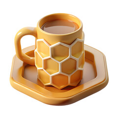 Poster - A digitally rendered 3d plastic-style icon of a mug with honeycomb pattern and saucer filled with hot beverage for design and decoration.