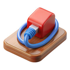 Poster - A vibrant 3d rendering of a red electrical adapter and blue cable on a wooden rectangular block 3d plastic-style icon on transparent background