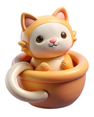 Poster - Adorable 3d illustration of a cute cat character in a teacup a whimsical icon with 3d plastic-style on transparent background