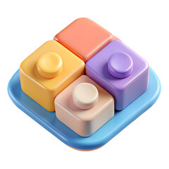 Poster - Colorful 3d illustration of geometric blocks arranged on a square blue base for educational or design concepts