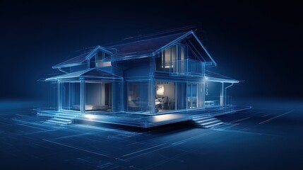 Poster - Glowing Blue Wire frame Modern House Gabled Roof Large Windows Interior Spaces Dark Background Futuristic Architecture, 32k Resolution