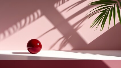 Poster - red glossy sphere on white surface with pink background and palm shadows