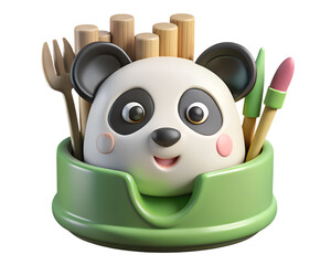 Poster - Cute 3d rendering of a panda face in a green pen holder with drawing tools and sticks on a transparent background