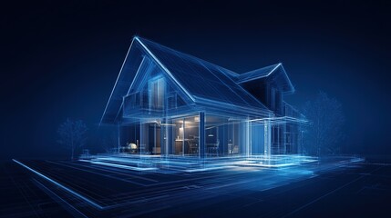 Poster - Glowing Blue Wire frame Modern House Gabled Roof Large Windows Interior Spaces Dark Background Futuristic Architecture, 32k Resolution