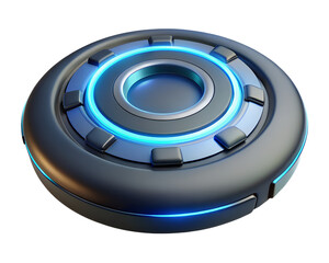 Poster - Futuristic circular 3d render of a technological device featuring a glowing blue light and metallic details isolated on black