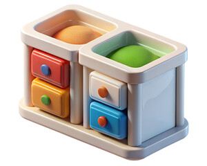 Leinwandbilder - Playful 3d illustration of a colorful toy storage unit with sand filled compartments and decorative drawers.