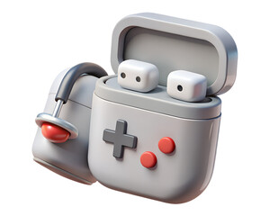Poster - Stylish 3d rendered illustration of game controller-themed earbuds and charging case, a modern and sleek design icon.