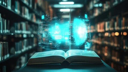 Poster - Open Book in Library with Digital Information Flowing, Symbolizing Knowledge and Technology Interaction 4k video footage