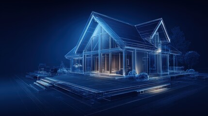 Poster - Futuristic Blue Glowing Wireframe Modern House with Gabled Roof and Large Windows, 3D Digital Architectural Visualization on Dark Background, 32k Resolution