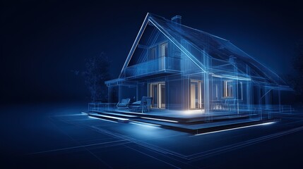 Poster - Futuristic Blue Glowing Wireframe Modern House with Gabled Roof and Large Windows, 3D Digital Architectural Visualization on Dark Background, 32k Resolution