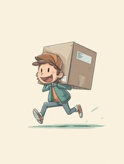 Poster - Cartoon Courier Joyfully Running With Oversized Delivery Box Through a Light, Playful Background