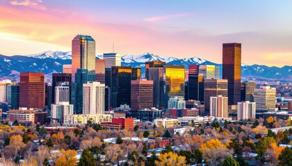 Poster - Scenic View of Denver City with Rocky Mountains at Sunset