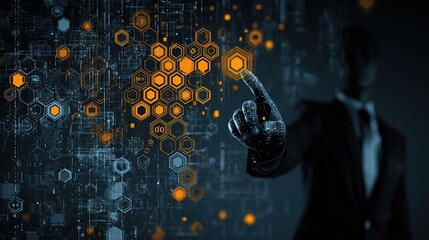 Poster -  Abstract Hand Glowing Orange Hexagons Network Dark Blue Background Technology Data Connection Dynamic Visual System