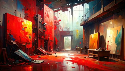 Poster - Abstract Art Gallery with Collapsing Walls and Red Color Palette
