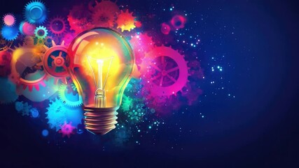Poster - Creative illustration of light bulb surrounded by colorful gears and abstract elements representing innovation and inspiration 4k video footage