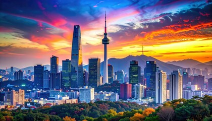 Poster - Dramatic Sunset Over Seoul's Skyline with Modern Architecture Views