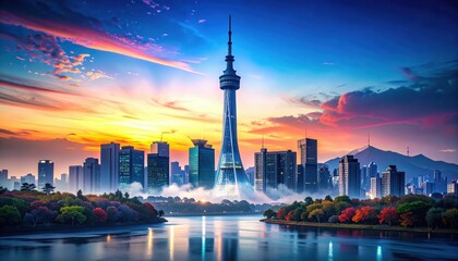Poster - Sunset Over Seoul's Tower Amid Tranquil Reflections in Water