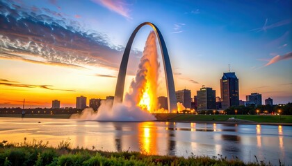 Poster - Stunning Sunset Over City with Gateway Arch and Fiery Explosion