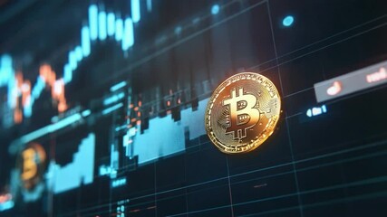 Poster - Digital Cryptocurrency Trading Chart with Bitcoin Coin on Stock Market Screen Background 4k video footage