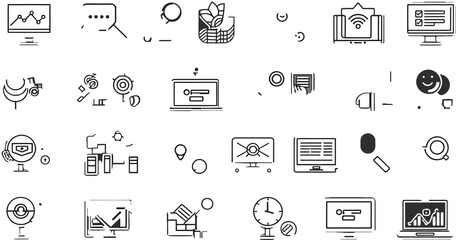 Poster - Collection of White Search Magnifier Icons on Dark Background Data Analysis and Research Symbols