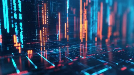 Poster - Abstract digital data visualization with glowing lines and futuristic technology elements in blue and orange tones 4k video footage