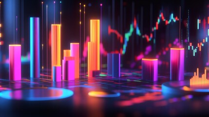 Fototapete - A vibrant D financial dashboard with bar charts, pie charts, and analytical graphs glowing in a dark setting.