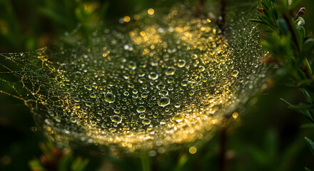 Glistening Dew Drops Adorn a Spiderweb with Nature's Abstract Artistry
