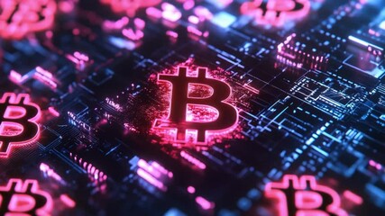 Poster - Digital Cryptocurrency Concept Featuring Bitcoin Symbol on Futuristic Circuit Board with Neon Glow and Technology Elements 4k video footage