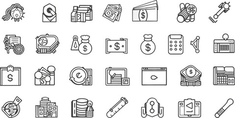 Poster - Set of diverse vector icons for business, finance, and technology including communication, media, and map symbols