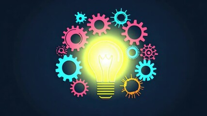 Poster - Light Bulb Surrounded by Colorful Gears Representing Creativity and Innovative Ideas in a Modern Design 4k video footage