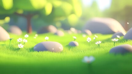 Poster - 太陽光の下の緑豊かな草地のデイジーの花と石のクローズアップビュー