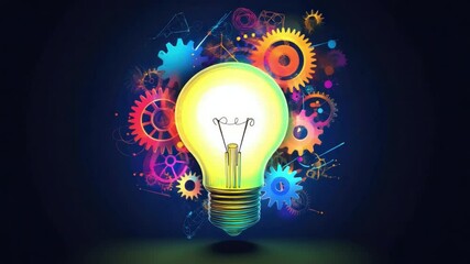 Poster - Colorful Light Bulb Surrounded by Gears and Abstract Elements Representing Innovation and Creativity in Technology 4k video footage