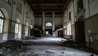 Poster - Dark Abandoned Assembly Hall with Historical and Political Context