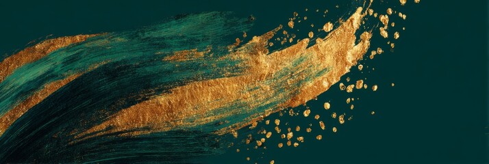 Poster - Golden brush strokes on a dark green canvas create a striking visual impact at an art exhibition