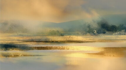 Poster - Golden reflections shimmer on a quiet lake surrounded by soft hills during early morning light