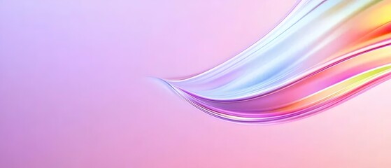 Poster - ピンク色の背景に浮かぶ虹色の滑らかな曲線 抽象的なデザインの光と色の波 エレガントで洗練されたグラデーション