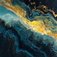 Poster - Vibrant gold and blue abstract artwork depicting fluid movement and texture in a modern style