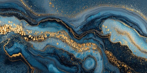 Poster - Abstract blue and gold design featuring swirling patterns and shimmering textures in a modern artistic style