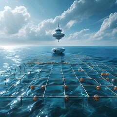 Poster - 青い海原に浮かぶ未来的な海上プラットフォーム 幾何学的な構造と雲が織りなす風景