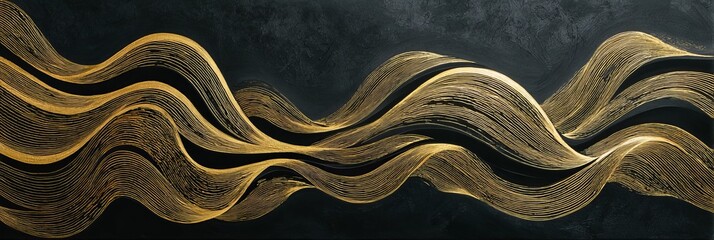 Poster - Elegant gold wave patterns on a dark background creating a striking visual contrast in a modern art installation