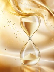 Poster - 黄金の砂時計 輝く光と背景の中のガラス製 流れる砂 時の流れを象徴する 美しい抽象的なデザイン
