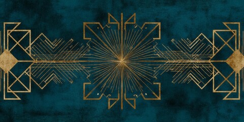 Poster - Gold geometric pattern on a teal background featuring intricate lines and shapes in an abstract design