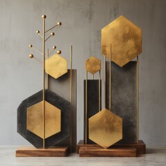 Poster - Modern decorative sculpture featuring gold hexagonal shapes and minimalist design elements in a stylish interior setting