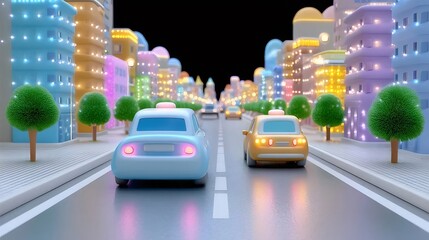 Aufkleber - アニメ風3Dレンダリング都市の通り 複数台のタクシーが走る明るい街並み 鮮やかな色合いと夜の光