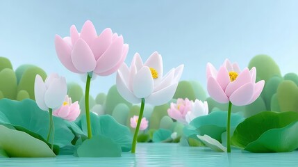 Aufkleber - ピンクと白の蓮の花が咲く水面背景 水面に葉が浮かぶ穏やかな光景