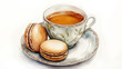 © Anna - Vector illustration, cup of tea with French macaroons, watercolor painting.