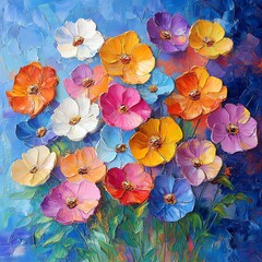 Poster - Oil painting of colorful paper flowers as artistic expression, bold vivid hues with soft blended lighting, floral layers emulated through textured brushwork and decorative grain