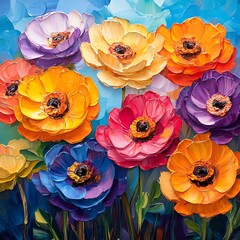 Poster - Oil painting of colorful paper flowers as artistic expression, bold vivid hues with soft blended lighting, floral layers emulated through textured brushwork and decorative grain